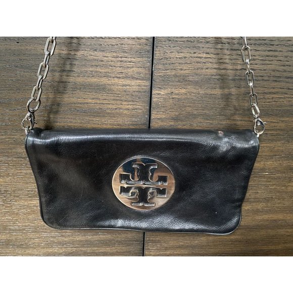 Tory Burch Reva Black Leather Clutch Bag Silver Hardware - Picture 1 of 12